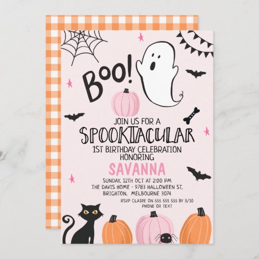 Invitation Fantôme rose Spooktacular Halloween 1er Anniversai (Devant / Derrière)