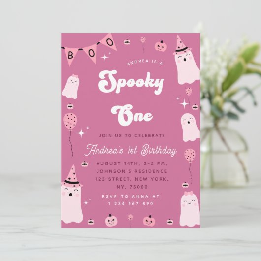 Invitation Fantôme rose Super Éffrayant une fille 1er anniver (Debout devant)