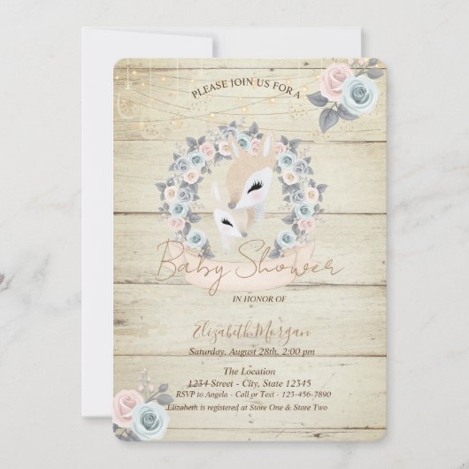 Invitation Faons Bois Texture Fleurs Baby Shower (Devant)