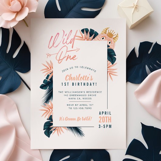 Invitation Far One Tropical Jungle Pink Monster Anniversaire