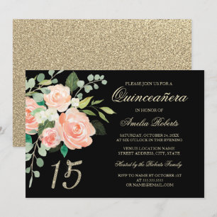 Invitation Fard à joues pêche floral paillettes or Quinceaner