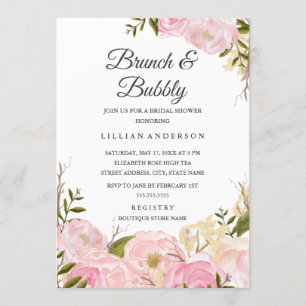 Invitation Fard à joues rose aquarelle floral brunch et bulle