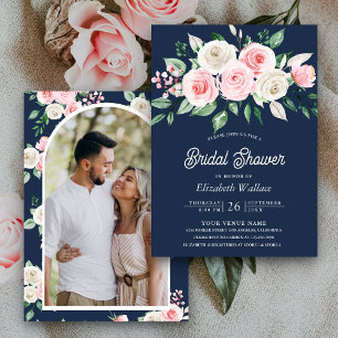 Invitation Fard à Joues Rose Floral Bleu Marine Photo Récepti