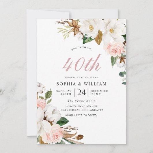 Invitation Fard & Fleurs Blanches 40e Anniversaire de Mariage (Devant)