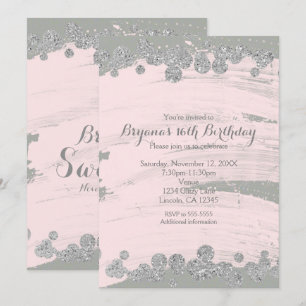 Invitation Fard Rose Argent & Gris Paillettes Points Glam Fêt