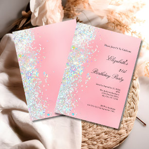 Invitation Fard Rose Blanc Paillettes Glam Bling 21e Annivers