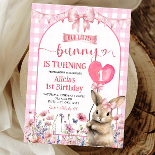 Invitation Fard Rose Coquette Petit Lapin Floral Anniversaire