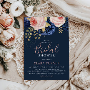 Invitation Fard rose et florales marine de minuit Enterrement