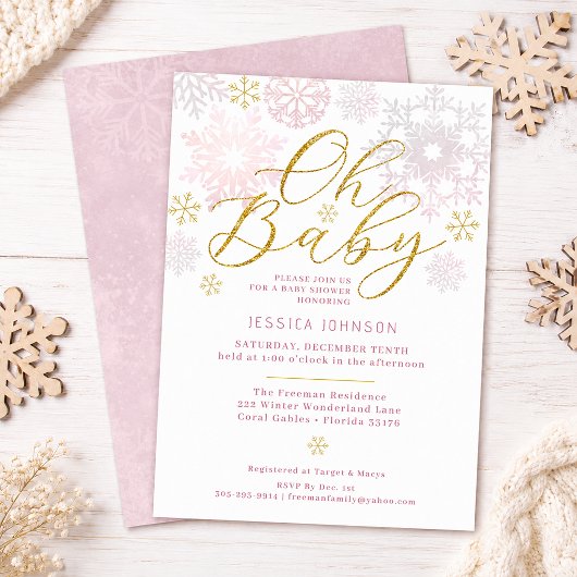 Invitation Fard Rose Flocon de Neige Bébé Hiver Oh Bébé