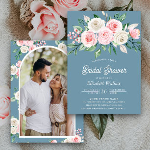 Invitation Fard Rose Floral Bleu Poussiéreux Séance Photo de