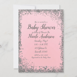 Invitation Fard Rose Pailleté Argent Glamour Moderne Baby Sho