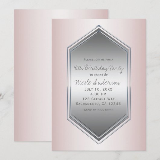 Invitation Fard Rose Perle Argent Fête d'anniversaire Toute o (Devant / Derrière)
