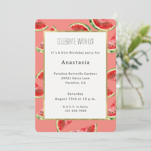 Invitation Fard Rose Rouge Vert Pastèque Anniversaire (Debout devant)