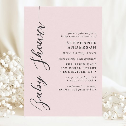 Invitation Fard Rose Simple Moderne Écriture Baby Shower