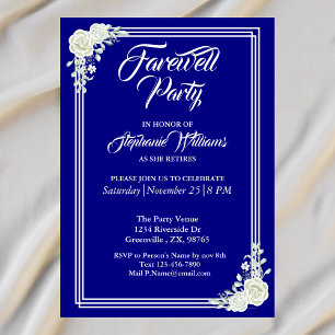 Invitation Farewell Élégant Script Blue White Rose Party
