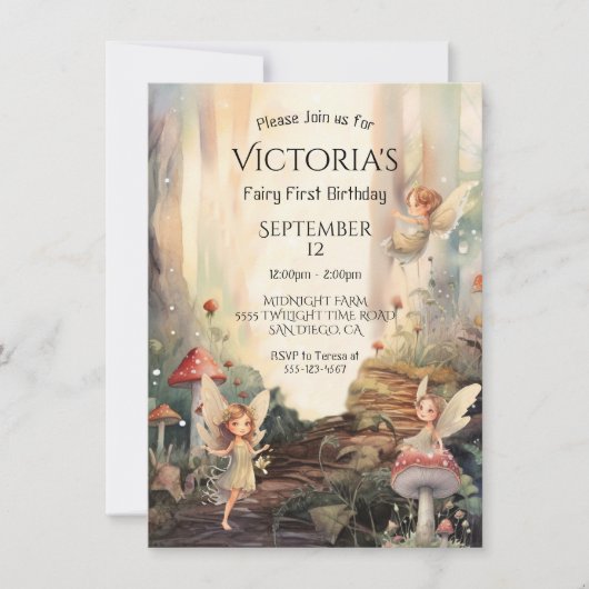 Invitation Fariy 1er anniversaire Enchanted Forest Toadstool (Devant)