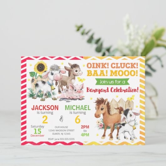 Invitation Farm Animals Barnyard Joint Birthday Party (Debout devant)