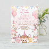 Invitation Farm animals close-up girl birthday invitation. (Debout devant)