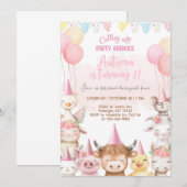 Invitation Farm animals close-up girl birthday invitation. (Devant / Derrière)