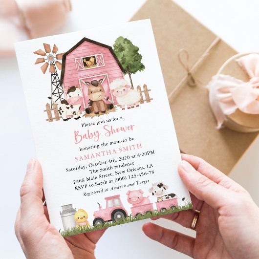 Invitation Farm Animals, Cute Animals, Pink Barn, Baby Shower