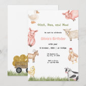 Invitation Farm Animals Girl En vichy Barnyard Fête d'anniver (Devant / Derrière)