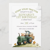 Invitation Farm Animals Green Tractor Birthday (Devant / Derrière)