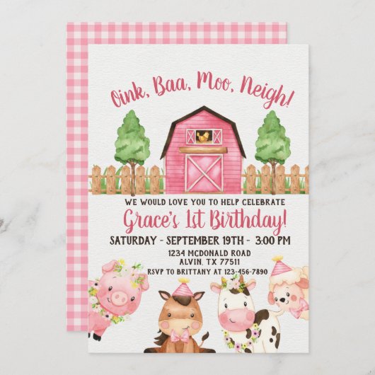 Invitation Farm Barnyard 1er anniversaire (Devant / Derrière)
