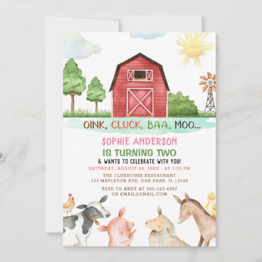 Invitation Farm Barnyard Animaux 2e anniversaire (Devant)