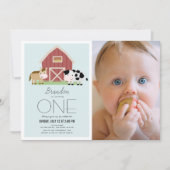 Invitation Farm Barnyard Blue Boy Photo 1er anniversaire (Devant)