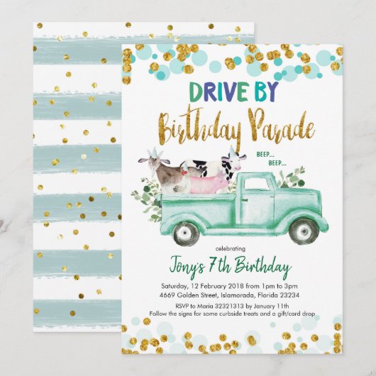 Invitation Farm Drive by Boy Birthday Parade (Devant / Derrière)