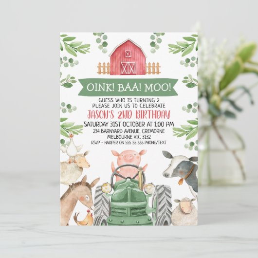 Invitation Farm Green Tractor Oink Baa Moo 2nd Birthday (Debout devant)