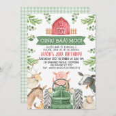 Invitation Farm Green Tractor Oink Baa Moo 2nd Birthday (Devant / Derrière)
