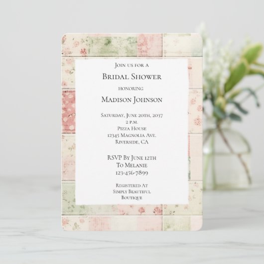 Invitation Farm Mint Pink Floral Quilt  Bridal Shower (Debout devant)