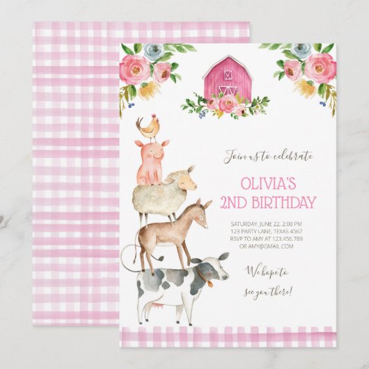 Invitation Farm Old MacDonald Barnyard Pink Animals Party (Devant / Derrière)