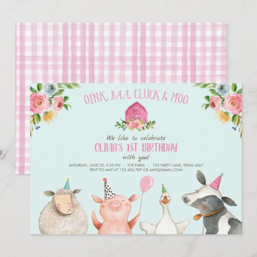 Invitation Farm Old MacDonald Barnyard Pink Animals Party (Devant / Derrière)