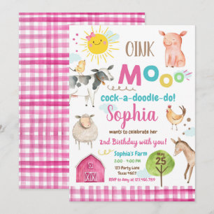Invitation Farm Old MacDonald Barnyard Pink Animals Party