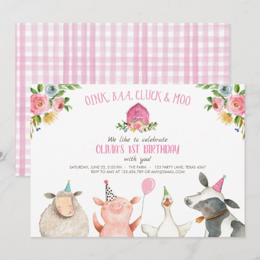 Invitation Farm Old MacDonald Barnyard Pink Animals Party (Devant / Derrière)