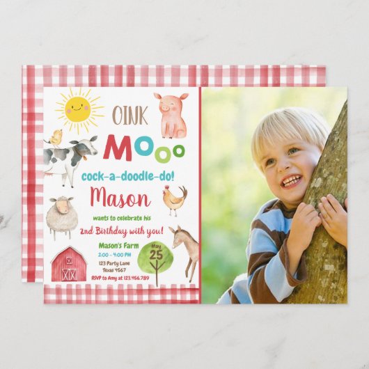 Invitation Farm Old MacDonald Barnyard Red Animals Party (Devant / Derrière)