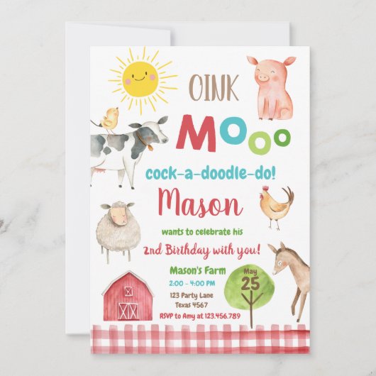 Invitation Farm Old MacDonald Barnyard Red Animals Party (Devant)