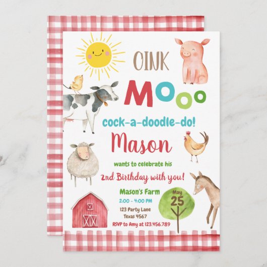 Invitation Farm Old MacDonald Barnyard Red Animals Party (Devant / Derrière)