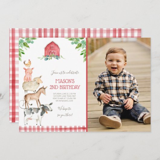 Invitation Farm Old MacDonald Barnyard Red Boy Animals Party (Devant / Derrière)