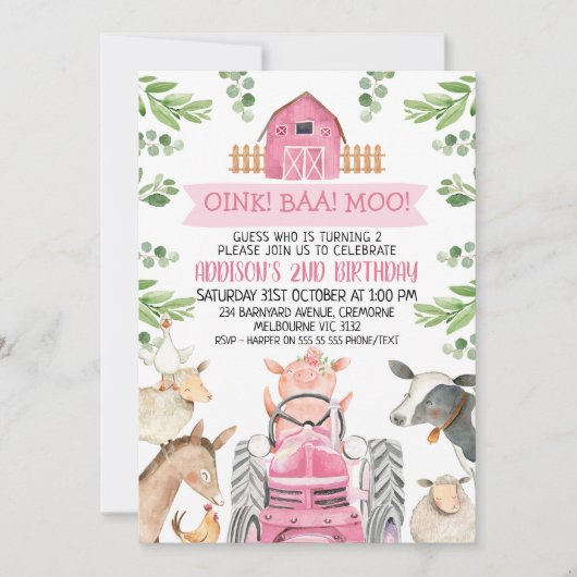 Invitation Farm Pink Tractor Oink Baa Moo 2nd Birthday (Devant)