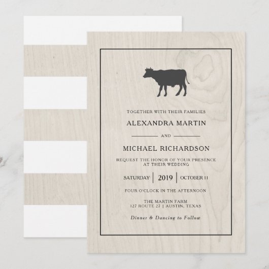 Invitation Farmhouse Chic | Bois blanc avec Mariage de vache (Devant / Derrière)