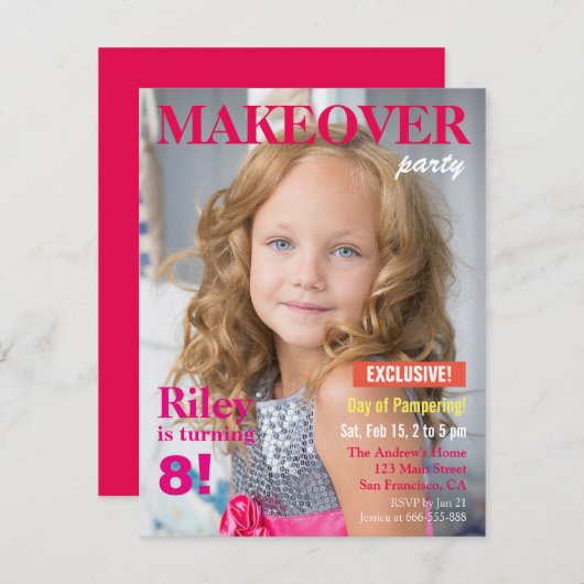 Invitation Fashion Magazine Makeover Girls Birthday Party (Devant / Derrière)