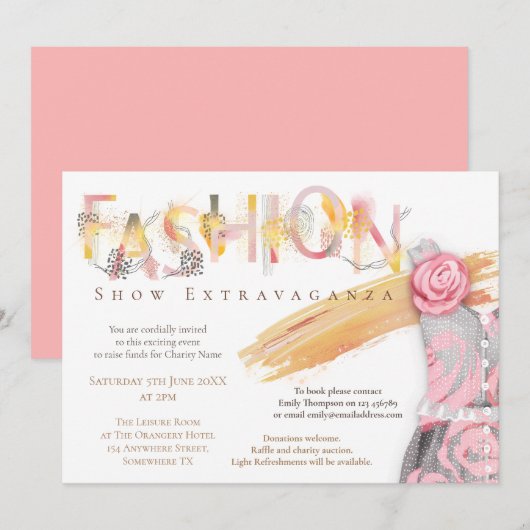 Invitation Fashion Show Événement Arty Typographie Pink Gold (Devant / Derrière)