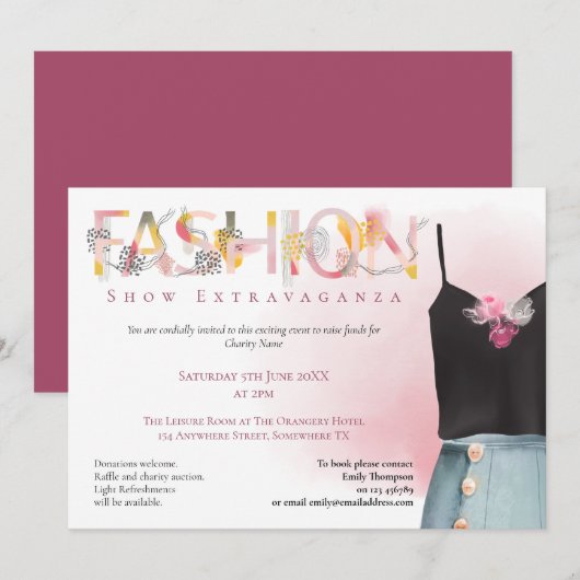 Invitation Fashion Show Événement Arty Typographie Raspberry  (Devant / Derrière)