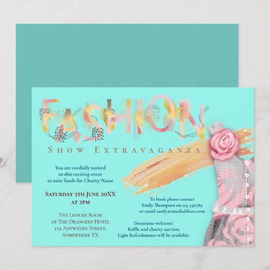 Invitation Fashion Show Événement Arty Typographie Turquoise (Devant / Derrière)