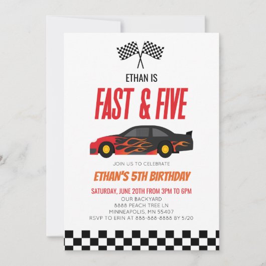 Invitation Fast & Five Red Flame Race Car 5e fête d'anniversa (Devant)