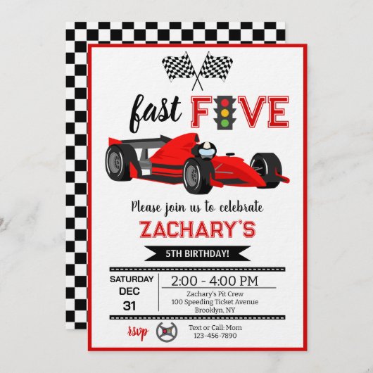 Invitation Fast & Five Red Flame Race Car 5th Birthday Party (Devant / Derrière)