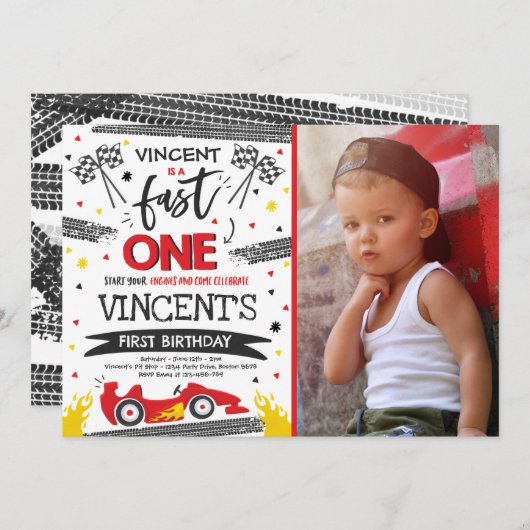 Invitation Fast One 1er Anniversaire Party Red Race Car Fast (Devant / Derrière)